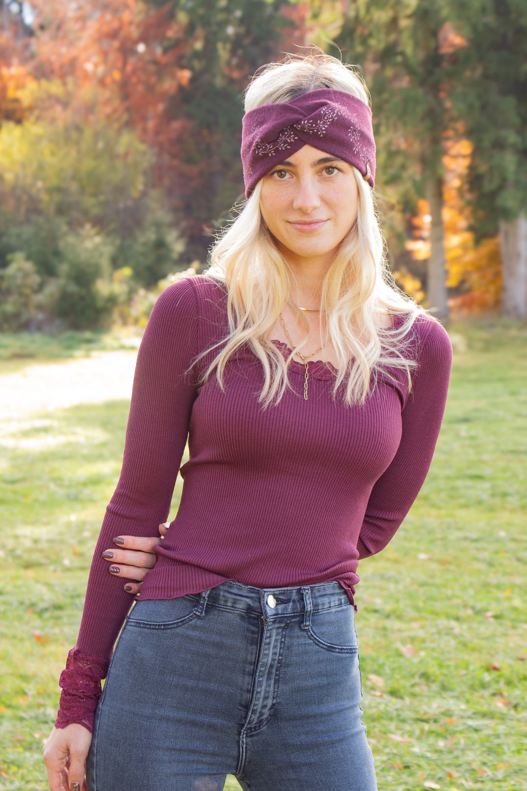 Merinostirnband HANDDRUCK weinrot